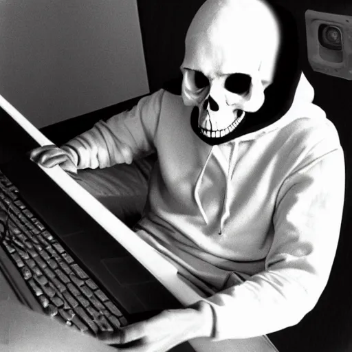 Prompt: close-up shot of a skull wearing hoodie in 80s, playing the computer, Polaroid photo, by Warhol