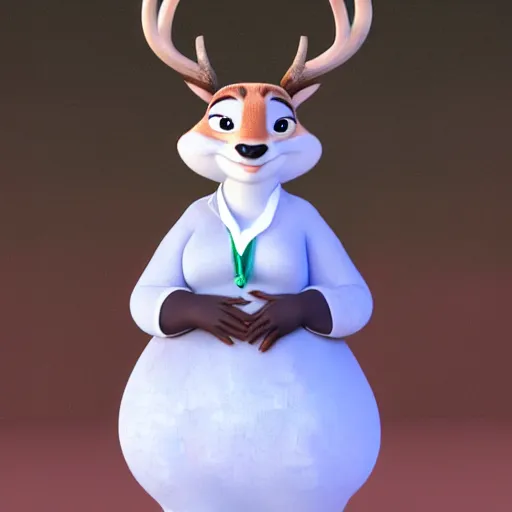 Prompt: portrait, 3 d render, tall slightly fat, anthropomorphic female deer, wearing along white dress, in the style of zootopia,