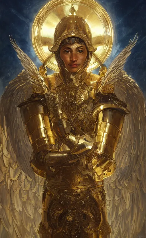 Image similar to Portrait of an archangel with golden wings, heavy armor and helmet, confident, heaven background, intricate, headshot, highly detailed, digital painting, artstation, concept art, sharp focus, cinematic lighting, illustration, art by artgerm and greg rutkowski, alphonse mucha, cgsociety