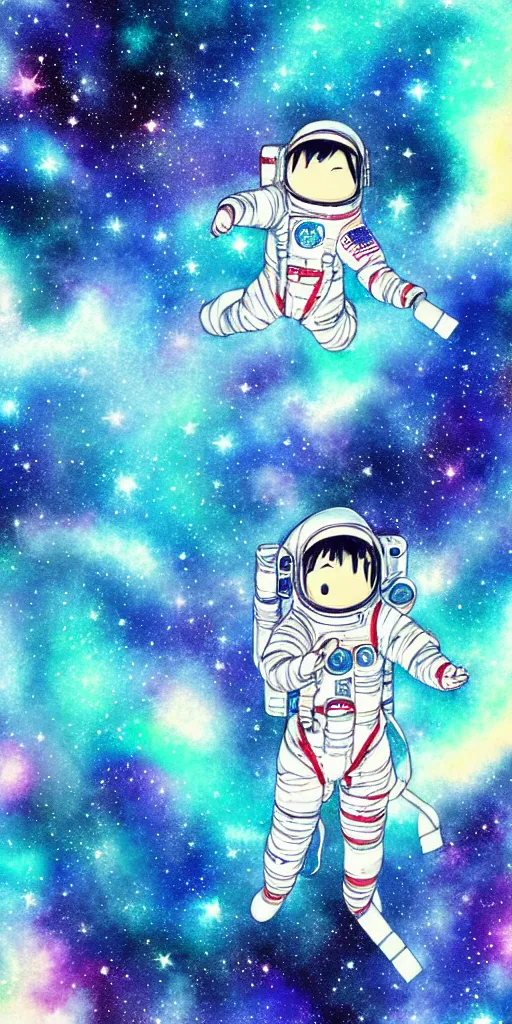 Image similar to oriental water color of a female astronaut, floating through the void of space, stars are spread out, anime movie, highly detailed