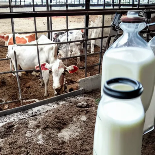 Image similar to dirty bottle of milk and a cow inside slaughterhouse