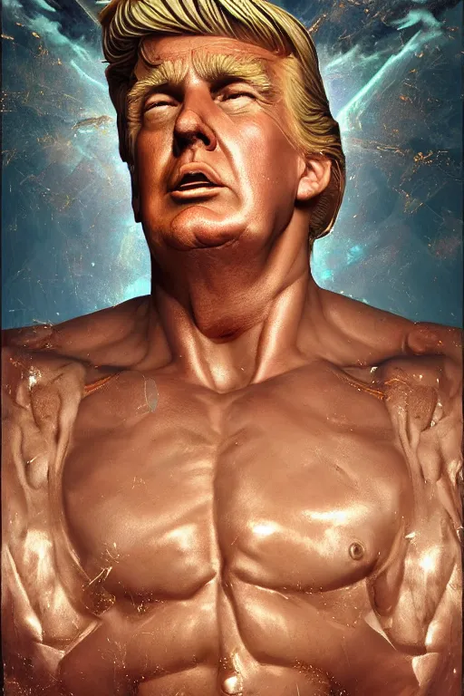 Image similar to President Donald J Trump as a Greek god, detailed face, gorgeous, amazing, muscular, fit, very muscular male body, Caesar victorious, proud Emperor , cyberpunk, intricate, highly detailed, digital painting by beeple, glitched, artstation, concept art, sharp focus, illustration, art by greg rutkowski beeple and alphonse mucha