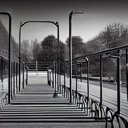 Image similar to parkour park le corbusier railings snigelparken, ( ( railings ) ), photo, 4 k, detailed drawing