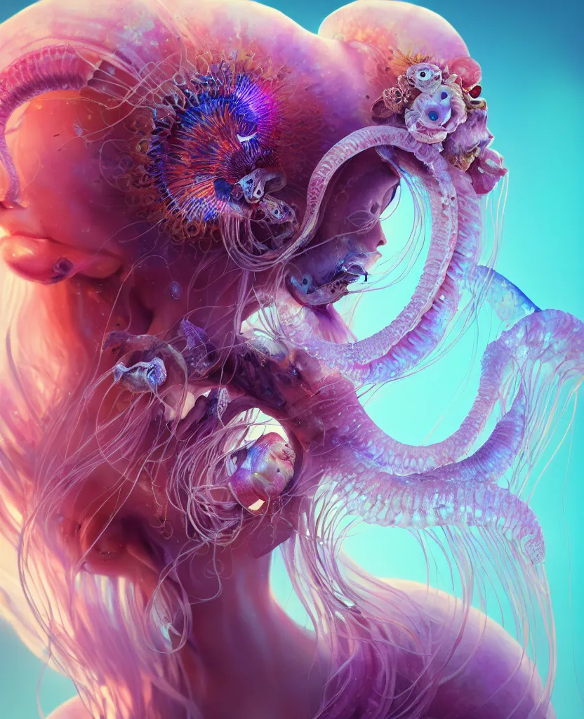 Image similar to goddess princess beautiful face close-up portrait ram skull. jellyfish phoenix head, nautilus, orchid, skull, betta fish, bioluminiscent creatures, intricate artwork by Tooth Wu and wlop and beeple. octane render, trending on artstation, greg rutkowski very coherent symmetrical artwork. cinematic, hyper realism, high detail, octane render, 8k