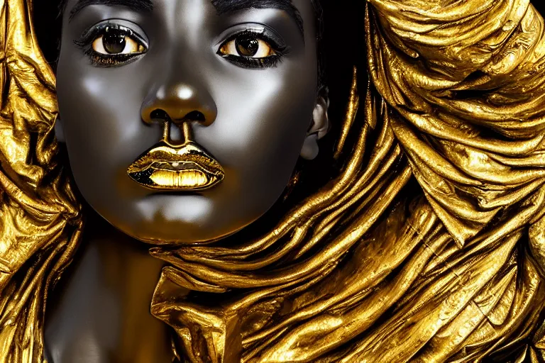 Prompt: hyperdetailed masterpiece portrait of a glossy black marble statue of a woman covered in gold metallic liquid in the style of virgil abloh, offwhite, heron prestorn, denoise, vogue, paris, fashion, louvre museum, highly detailed, realistic, hyperreal, 8 k, 4 k, render