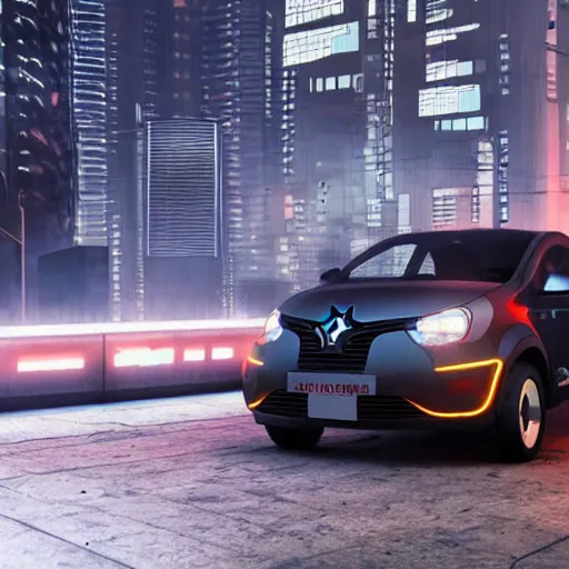 Image similar to octane render of new cyberpunk version of Renault sandero from 2077 in the city of future