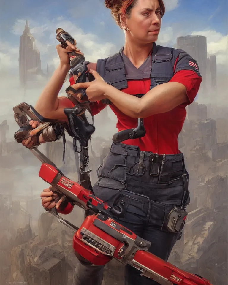 Image similar to epic portrait a slightly muscular woman wearing short sleeved uniform and carrying a red power tool drill, detailed, centered, digital painting, artstation, concept art, donato giancola, Joseph Christian Leyendecker, WLOP, Boris Vallejo, Breathtaking, 8k resolution, extremely detailed, beautiful, establishing shot, artistic, hyperrealistic, beautiful face, octane render