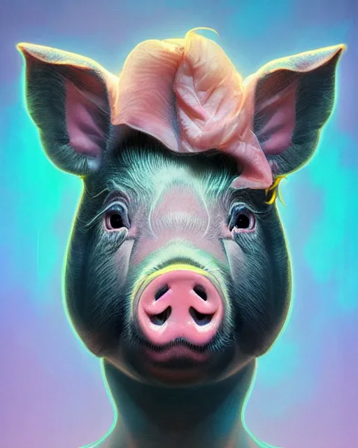 Image similar to portrait of a cute female pig, bioluminescent, veins, horror, scared, highly detailed, digital painting, cinematic, hyperrealism, dark retrowave, art by stanley lau and artgerm and magali villeneuve and alphonse mucha, artstation, octane render, cgsociety