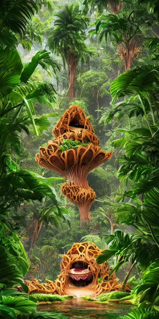 Image similar to of a tropical rainforest lake with strange cute friendly happy creatures with huge eyes, mouth, long tongue, round teeth and goofy face, appearing from the treesl, in the style of gehry and gaudi, macro lens, shallow depth of field, ultra detailed, digital painting, trending artstation, concept art, illustration, cinematic lighting, photorealism, epic, octane render