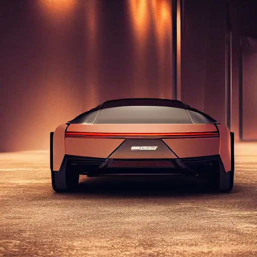 Image similar to a design of a futuristic DMC Delorian, designed by Polestar, blade runner background, back view, light copper car paint, black windows, sportscar, black show room, dramatic lighting, octane rendering, unreal engine rendering, hyper realistic render, depth of field, octane rendering