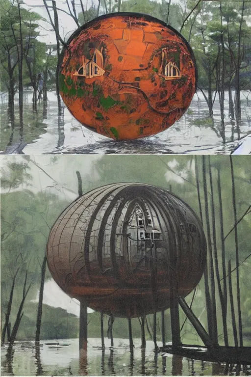 Image similar to spherical tree houses in flooded street ( ( ( ( painting by aaron douglas ) ) ) ) painting by h. r. giger painting by alvar aalto