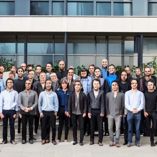 Image similar to blockchain development team of madfish solutions, corporate group photo near the office