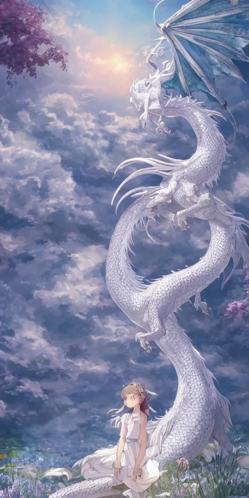 Image similar to the beautiful hyper detailed scene render that a lonely beautiful girl lies in the arms of a huge silver white dragon alone in fairyland surrounded by white clouds, finely detailed angelic face delicate features, style of studio ghibli, makoto shinkai, raphael lacoste, louis comfort tiffany, artgerm, james jean, ross tran, animation style, hd, ultra wide angle