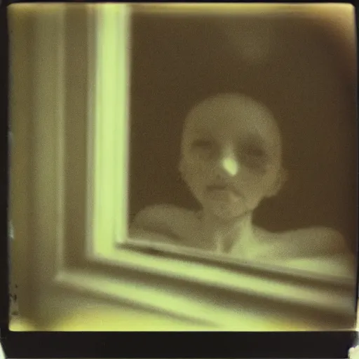 Prompt: dark room with a face peeking through a window, old polaroid, expired film, eerie,