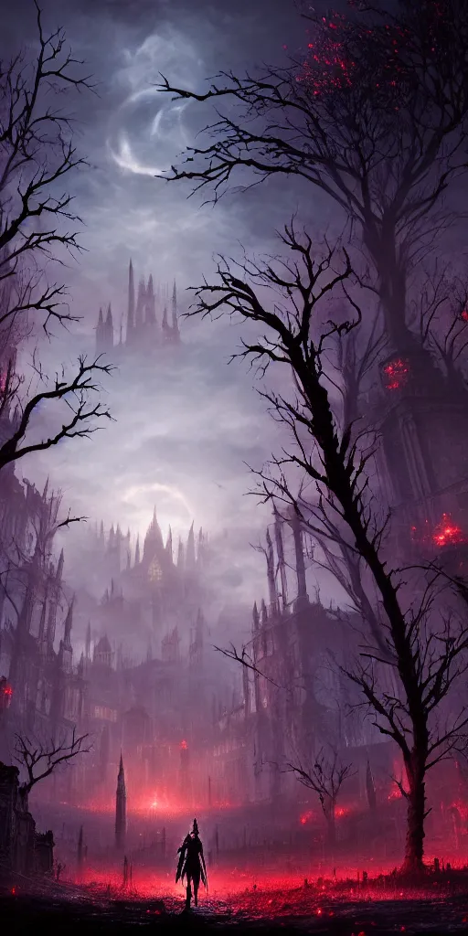 Image similar to abandoned bloodborne old valley with a person at the centre and a ruined gothic city at the emd, trees and stars in the background, bats in the sky, falling red petals, epic red - orange moonlight, perfect lightning, wallpaper illustration by niko delort and kentaro miura, 4 k, ultra realistic