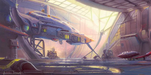 Image similar to a painting of a sci fi hangar, by jesper ejsing