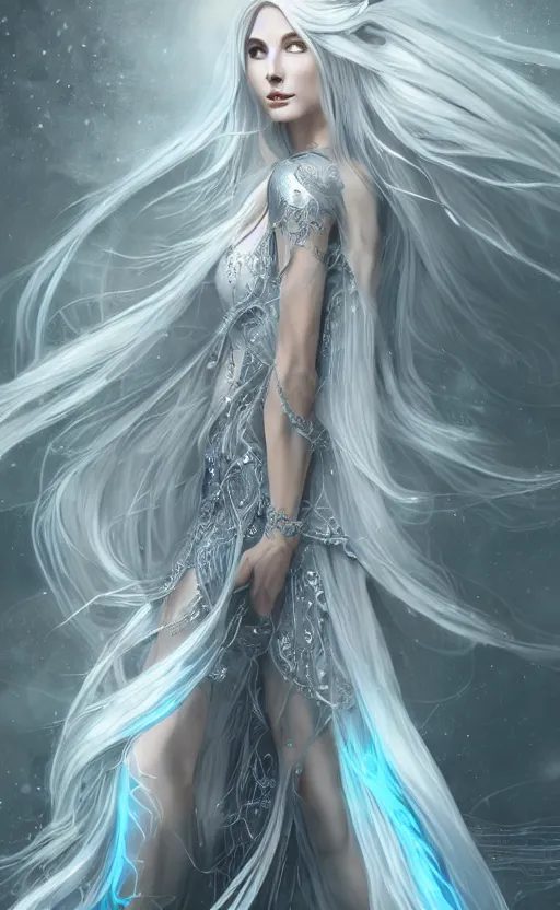 Image similar to an elven woman with long, silver hair cascading down her back. she has delicate, angular features and piercing blue eyes. she's clad in a flowing white dress with intricate silver embroidery, dynamic lighting, photorealistic fantasy concept art, trending on art station, stunning visuals, creative cinematic, ultra detailed