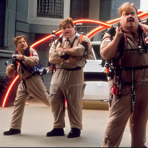 Image similar to Chris Farley as a Ghostbuster in a still from the movie Ghostbusters 8k hdr highly detailed