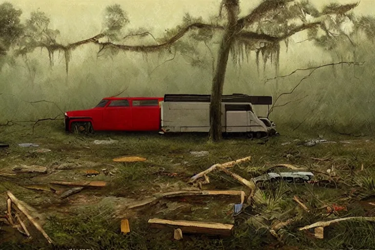 Image similar to scene from louisiana swamps, trailer in the woods, old couch, broken tv, parachute in a tree, voodoo artwork by tim eitel