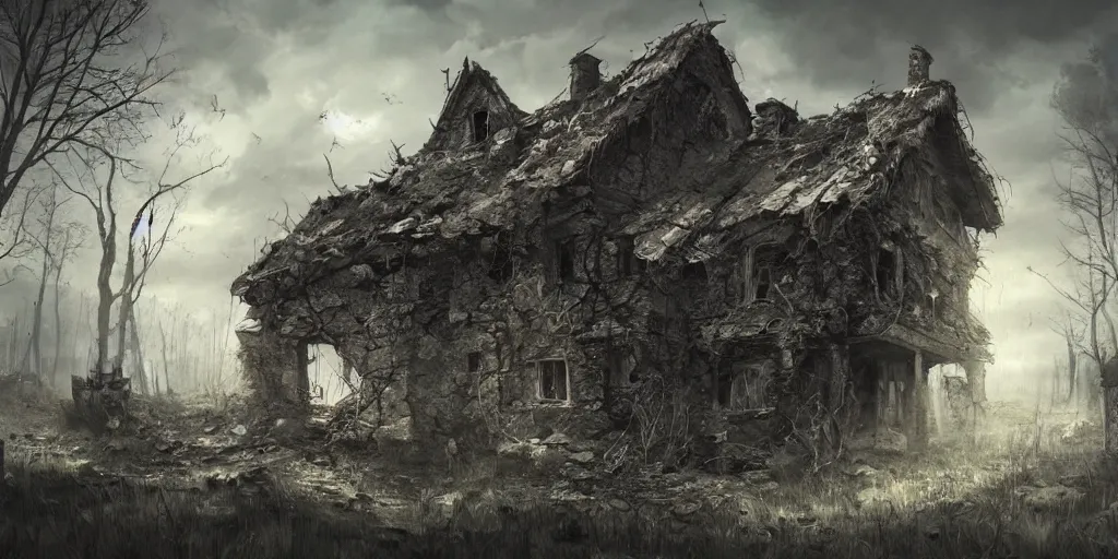 Prompt: ruined cottage, apocalypse, hyperrealistic, grimdark, artstation