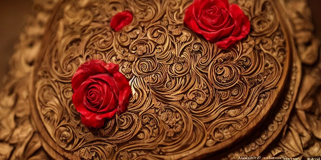 Prompt: an intricate seashell is carved into a wooden table, a single red rose petal rests on top, close up view, dramatic lighting, DOF, intricate artwork by alphonse mucha and Ruan Jia