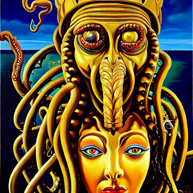 Prompt: a beautiful painting cthulhu mythos robot queen of egypt medusa face, by salvador dali realistic oil painting