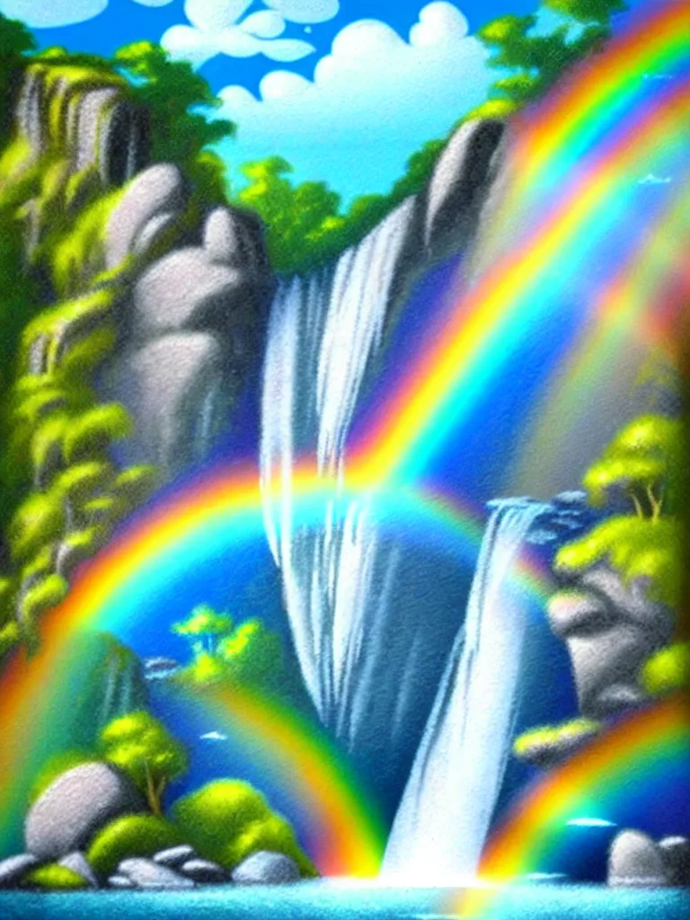 Image similar to artdeco illustration waterfall cascading onto rocks, small rainbow emerging in background, holographic, beautiful scenery,