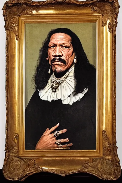 Image similar to a 1 6 0 0 s framed portrait painting of danny trejo holding a skull, intricate, elegant, highly detailed