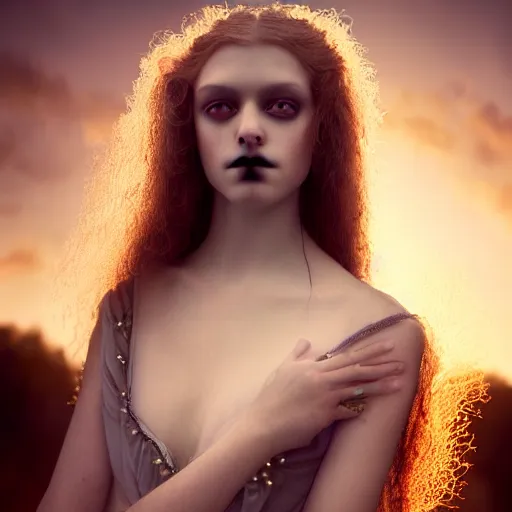 Image similar to photographic portrait of a stunningly beautiful gothic starlet renaissance female in soft dreamy light at sunset, contemporary fashion shoot, by edward robert hughes, annie leibovitz and steve mccurry, david lazar, jimmy nelsson, breathtaking, 8 k resolution, extremely detailed, beautiful, establishing shot, artistic, hyperrealistic, beautiful face, octane render