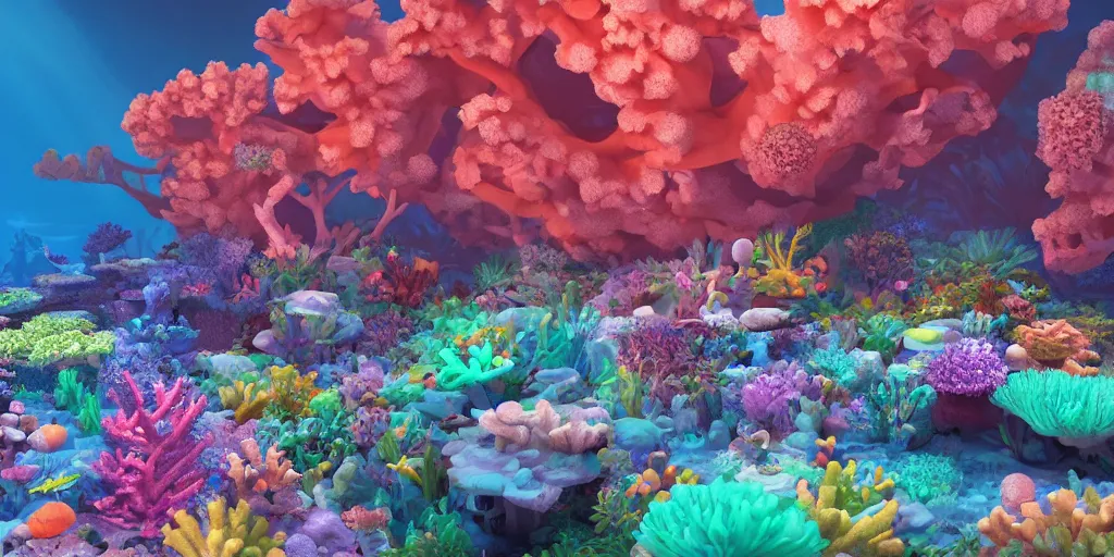 Image similar to majestic neon glowing coral reef, masterpiece painting by fabian jimenez and Jonathan solter, hyper realism, octane render