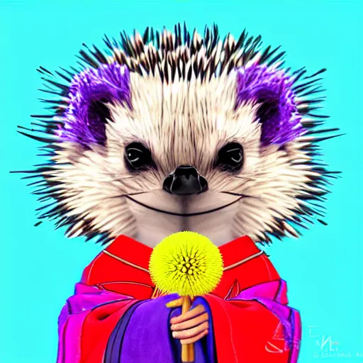 Image similar to adorable hedgehog in a kimono, holding a purple dandelion, art, digital art