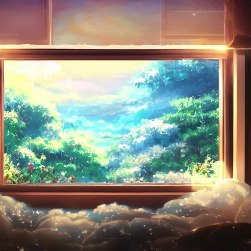 Prompt: a heavenly dream view from the interior of my cozy house from a Makoto Shinkai oil on canvas inspired pixiv dreamy scenery art majestic fantasy scenery cozy window frame fantasy pixiv scenery art inspired by magical fantasy exterior