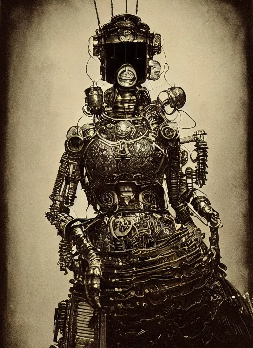 Image similar to old wetplate daguerreotype frame portrait of a futuristic silver armored geisha district 9 cyborg, fractal, intricate, elegant, highly detailed, subsurface scattering, by jheronimus bosch and greg rutkowski and louis jacques mande daguerre