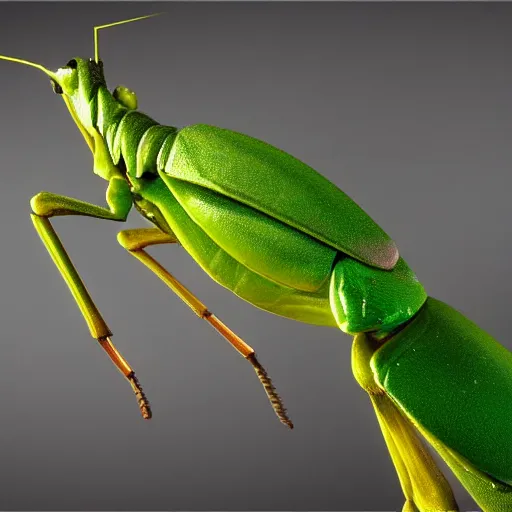 Prompt: stunning portrait of a green photorealistic mantis religiosa ; powerful front raptoriales ; hard predatory look ; d & d rogue ; flat triangle - shaped head with thin!! thread - like antennae and compound!! eyes ; concept art ; artstation ; 8 k ; wallpapers ; heavy contrast ; cinematic art ; cgsociety ; art by greg rutkowski