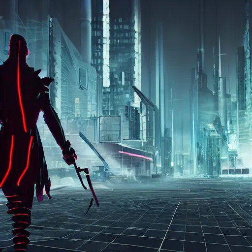 Image similar to photo of a grimm reaper walking in a futuristic city in a dystopian future made of electronic components and looks like a giant pcb board. Very detailed 8k. Unreal engine 5 render with nanite, global illumination and path tracing. Emphasize on the colors black and red.