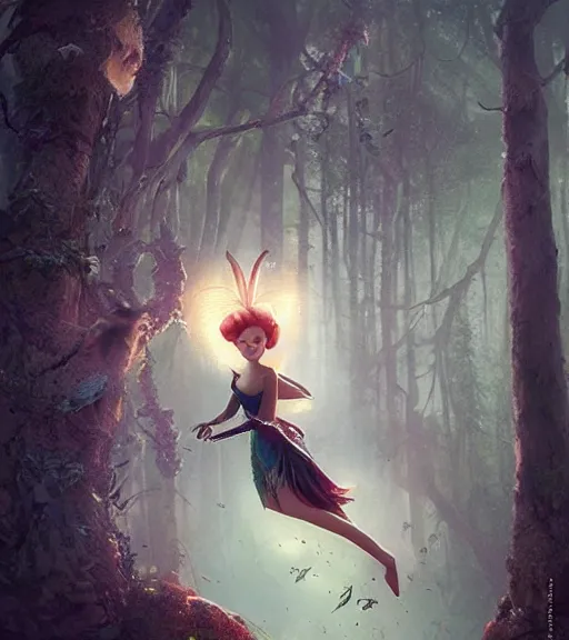 Image similar to evil tinker bell flying in an enchanted forest, flawless symmetrical pretty cute face, greg rutkowski, 8 k, shallow depth of field, intricate detail, concept art,