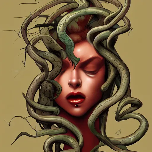 Image similar to medusa painting, comic style, seductive, dynamic lighting, artstation, detailed, blurred background