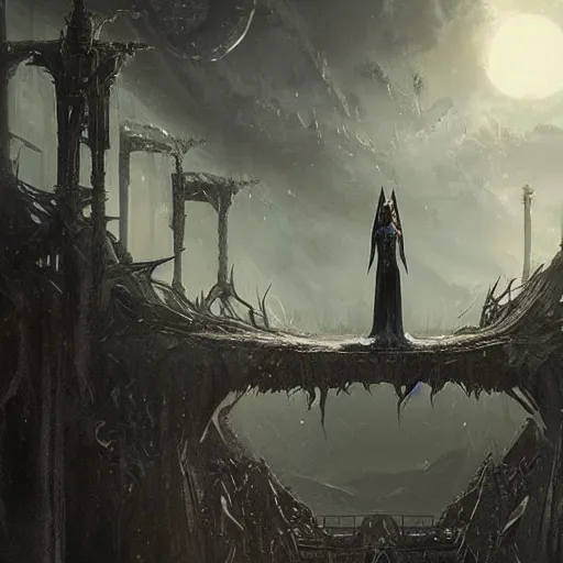 Image similar to of a beautiful black haired woman with pale skin and a crown on her head sitted on an intricate metal throne in eerie atmospheric alien worlds, epic cinematic matte painting, art by greg rutkowski