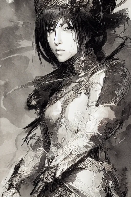 Image similar to portrait of anime woman warrior, pen and ink, intricate line drawings, by craig mullins, ruan jia, kentaro miura, greg rutkowski, loundraw