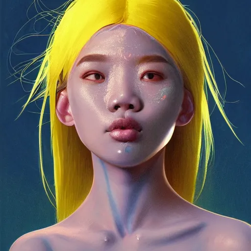 Prompt: filipino cute girl blue - yellow hair, nasal strip, broken nose, cyborg nose, glowing hair, intricate, elegant, highly detailed, my rendition, digital painting, artstation, concept art, smooth, sharp focus, illustration, art by artgerm and greg rutkowski and alphonse mucha and uang guangjian and gil elvgren and sachin teng