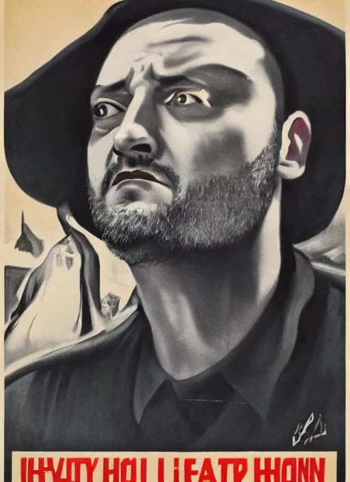 Image similar to Portrait Jean Reno gesture,look of hate, threatening pose, 1940s propaganda poster, full hd,highly detailed