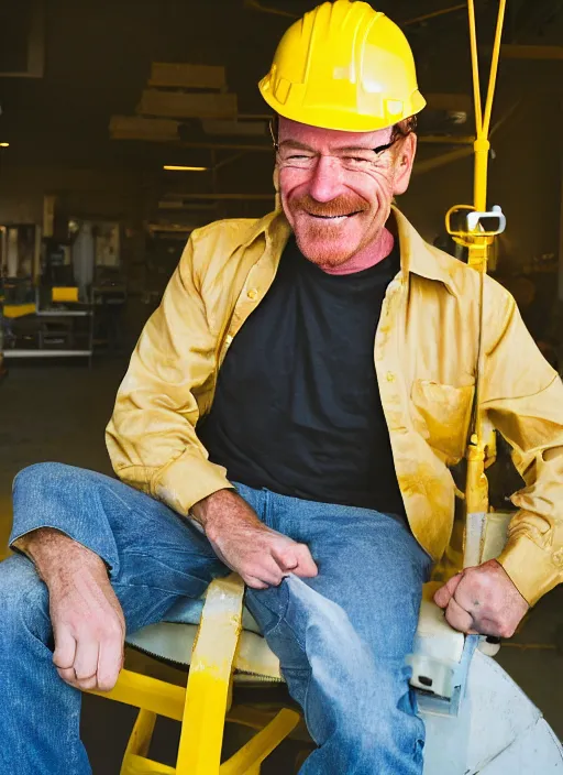 Image similar to closeup portrait of cheerful bryan cranston operating a crane, sitting in a crane, yellow hardhat, sitting in a crane, natural light, bloom, detailed face, magazine, press, photo, steve mccurry, david lazar, canon, nikon, focus