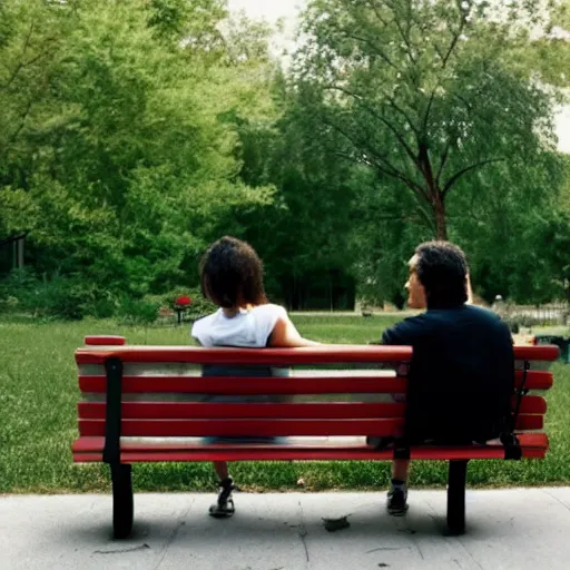 Prompt: a couple sitting on a park bench, cinematic
