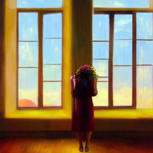 Prompt: giant flower under head, woman next to modern windows, luxury apartment, surreal photography, dramatic light, impressionist painting, digital painting, artstation, van gogh