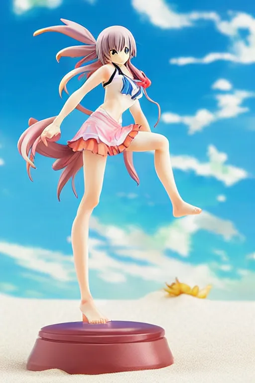 Prompt: still figurine of summer anime girl, beach, dynamic pose, detailed product photo, featured on amiami, beautiful composition, by akihiko yoshida