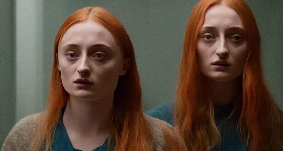Image similar to Sophie Turner in Hereditary (2018) high contrast lighting, night scene, blue and orange palette, film still