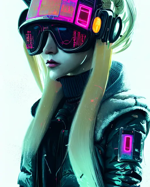 Prompt: detailed portrait neon operator lady, long blonde hair, cyberpunk futuristic, neon, reflective puffy coat, decorated with traditional japanese by ismail inceoglu dragan bibin hans thoma greg rutkowski alexandros pyromallis nekro rene margitte, illustrated, perfect face, fine details, realistic shaded, fine - face, pretty face