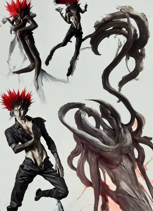 Prompt: surreal gouache gesture painting, by yoshitaka amano, by ruan jia, by Conrad roset, by asura's wrath artists, detailed anime 3d render of a gesture draw pose for Vash from the anime Trigun, portrait, cgsociety, artstation, rococo mechanical, Digital reality, sf5 ink style, dieselpunk atmosphere, gesture drawn