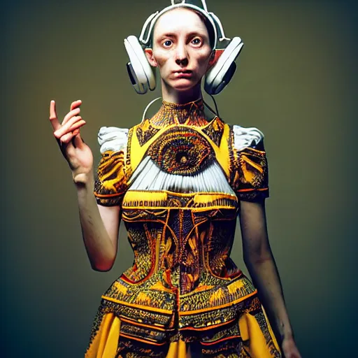 Image similar to Caravaggio style full body Photography of Highly detailed beautiful Woman with 1000 years detailed face and wearing detailed Ukrainian folk costume designed by Taras Shevchenko also wearing highly detailed retrofuturistic sci-fi Neural interface designed by Josan Gonzalez. Many details In style of Josan Gonzalez and Mike Winkelmann and andgreg rutkowski and alphonse muchaand and Caspar David Friedrich and Stephen Hickman and James Gurney and Hiromasa Ogura. Rendered in Blender and Octane Render volumetric natural light