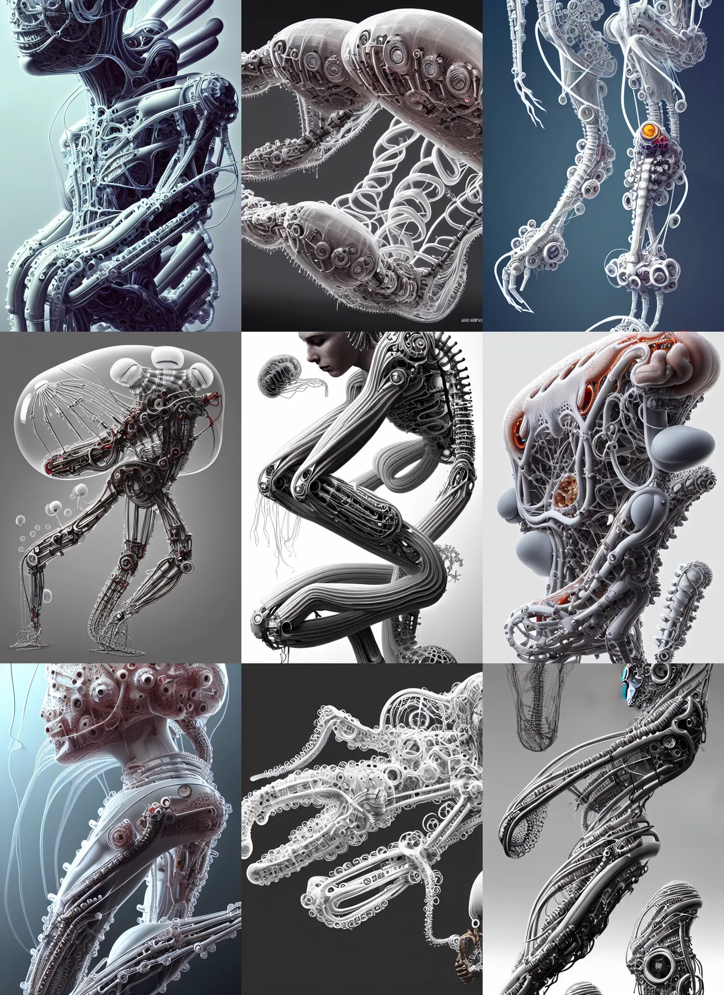 Prompt: biomechanical sofa, inflateble shapes, wires, tubes, veins, jellyfish, white biomechanical details, wearing epic bionic implants, masterpiece, intricate, biopunk, vogue, highly detailed, artstation, concept art